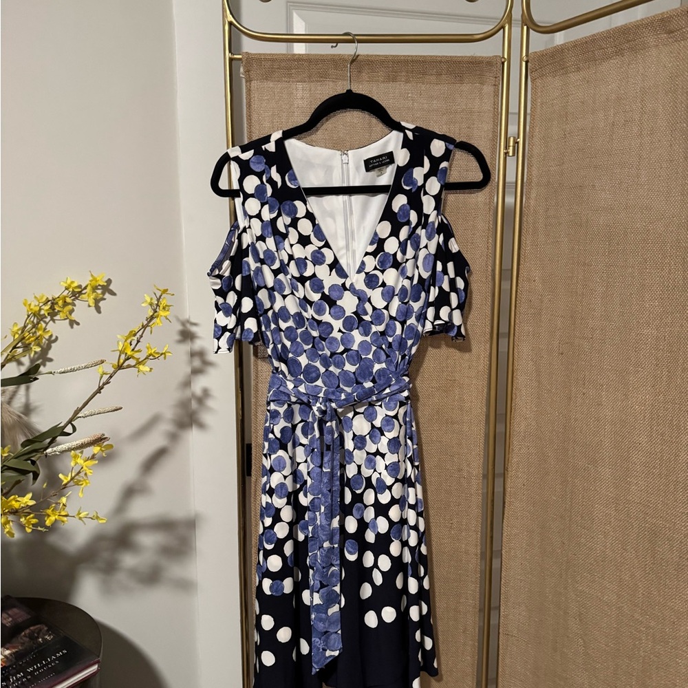 Tahari Dark Navy Blue Midi Sundress with Flutter Sleeves and V-Neck